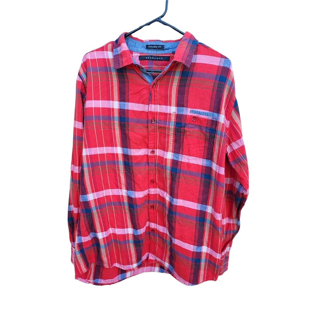 Sean John Button Front XL Mens Long Sleeve Tailored Fit 100% Cotton Red Blue
